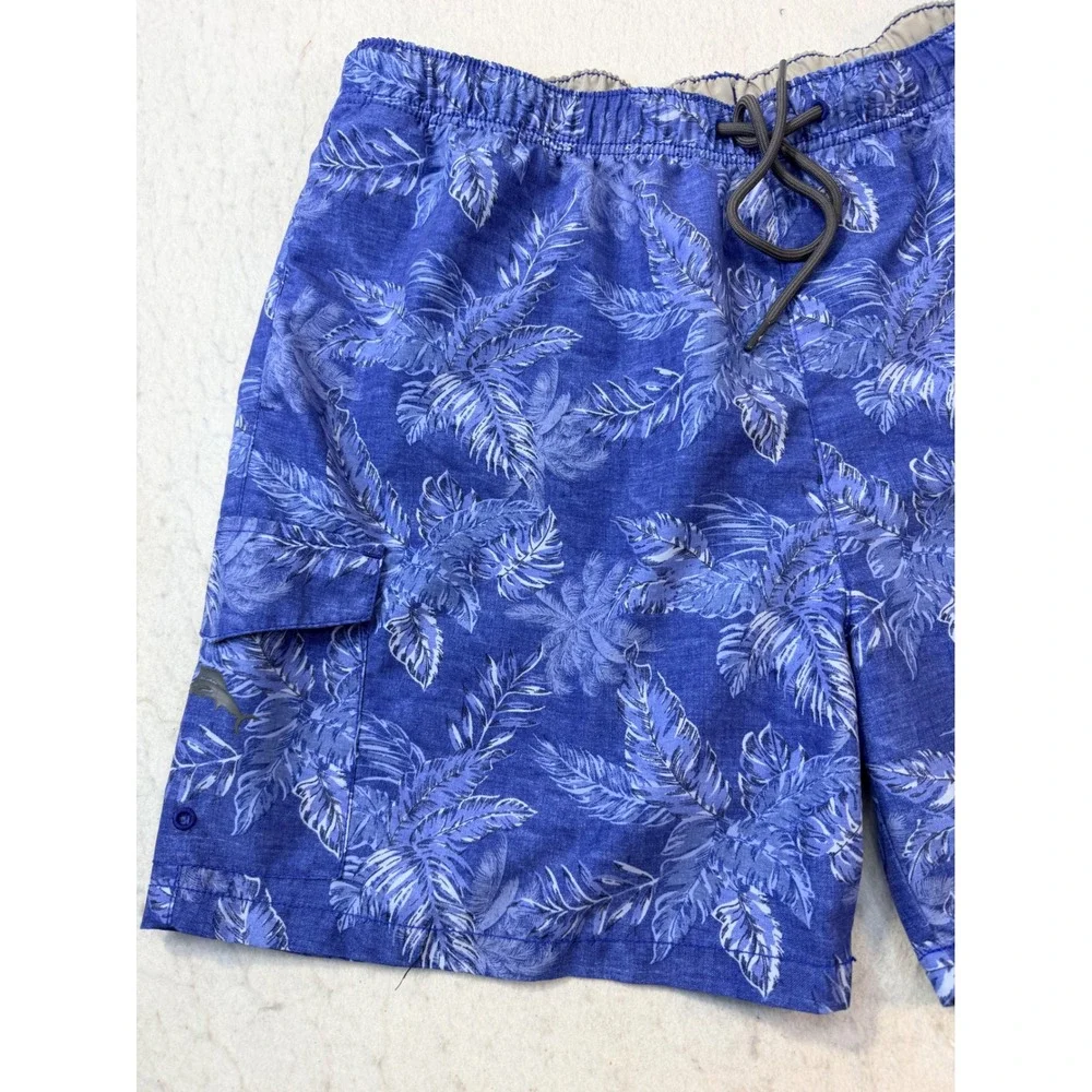Tommy Bahama Mens Blue Tropical Palm Leaf Cargo Swim Trunks Board Shorts L